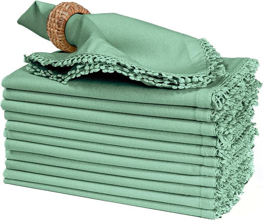 Bedding Craft Cotton Cloth Dinner Napkins Set of 12 – 18x18 Teal with Decorative Lace Selvedge – Reusable Machine Washable Fabric Napkins for Weddings, Baby Showers, Parties & Table Décor