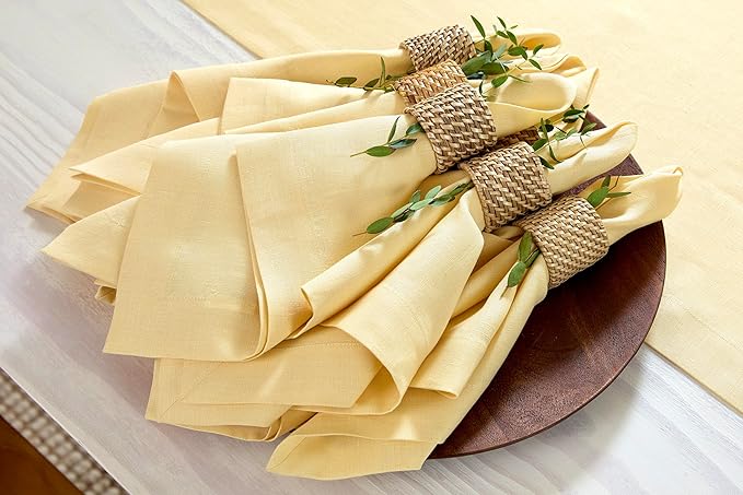 Solino Home Linen Napkins Set of 4-100% Pure Linen Golden Straw Dinner Napkins Cloth 20 x 20 Inch for Fall, Autumn, Thanksgiving - Fete, Handcrafted and Machine Washable