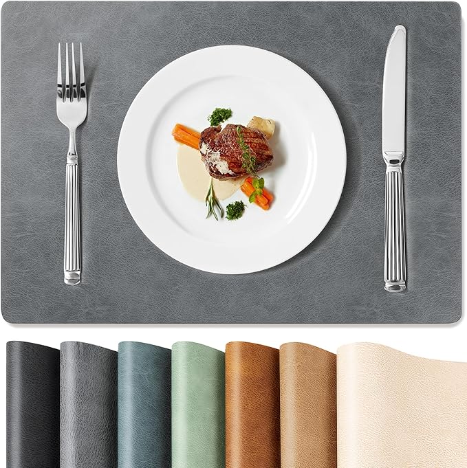 Roxifina Faux Leather Placemats Set of 6 - Vinyl Placemats Wipeable Waterproof Oil-Proof PU Place Mats Heat Resistant Reversible Table Mats for Dining, Kitchen, Outdoor, 12 x 17 Inch (Gray)