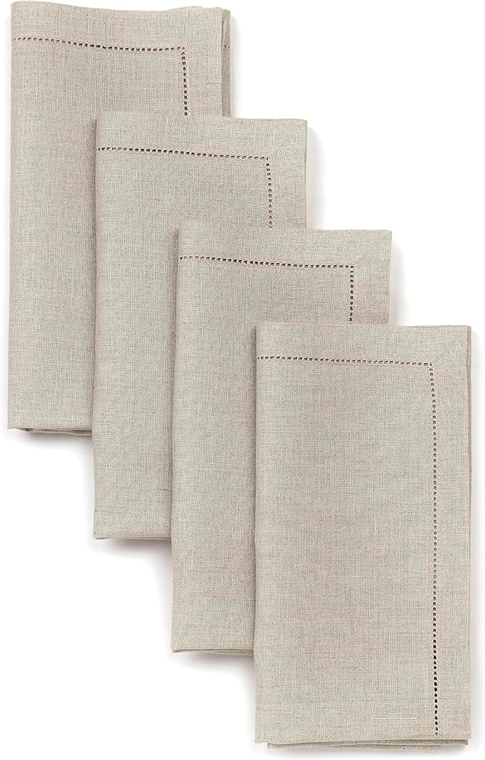D'Moksha Homes Natural Linen Napkins Set of 4 - Classic Hemstitch 100% Pure Linen Hemstitch Dinner Napkins 20 x 20 Inch for Fall, Autumn and Halloween - Handcrafted and Machine Washable