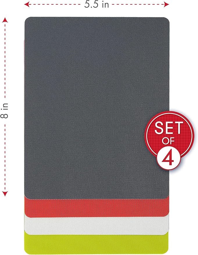 Dexas Heavy Duty Cutting Board Grippmat, Flexible Cutting Boards for Kitchen, Set of 4, Non Slip Plastic Board Cutting Mat 5.5 by 8 Inches Gray, Red, White and Green Set, Kitchen Gadgets