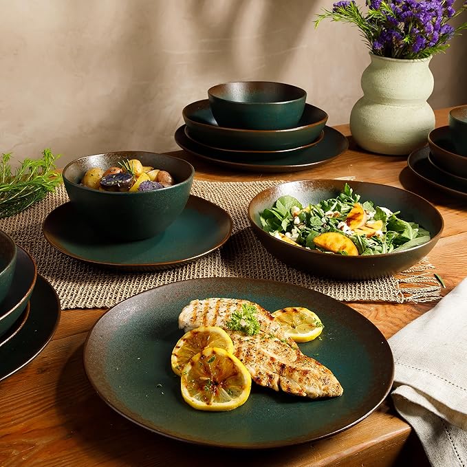 Bloomhouse Palermo Sun Double Bowl Stoneware Reactive Glaze Plates and Bowls Dinnerware Set - Agave Blue, Service for Four (16pcs)