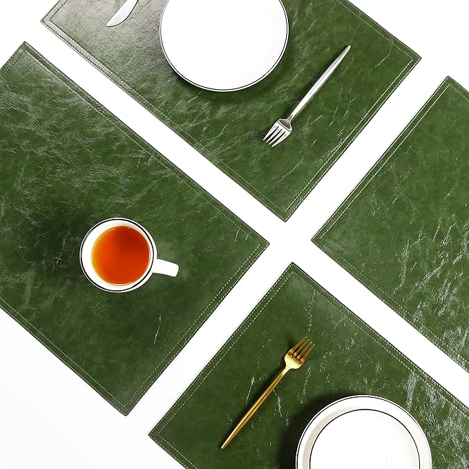 Waterproof PU Placemats, Faux Leather Dining Table Mat, Set of 4, Easy to Wipe Off Scrub Vinyl Mat, Heat & Stain Resistant for Office Conference Table, Home Decor G Loden