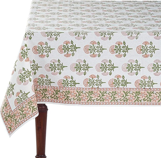 Ridhi Mughal Buta Peach Hand Block Print Cotton Rectangle Tablecloth 60 x 60 inch-Reusable Table Cover Decorative Everyday Use for Dining Room, Farmhouse, Thanksgiving, Christmas Wedding, Fall