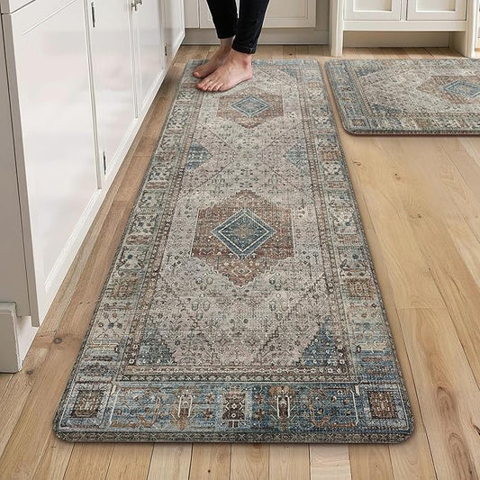 GENIMO Kitchen Mats for Floor 2PCs, Washable Anti Fatigue Mat for Cushioned, 17.3"x59"+17.3"x30", Waterproof Kitchen Rugs, Non Slip Comfort Standing Mat Rug for Home, Sink, Laundry, Brown