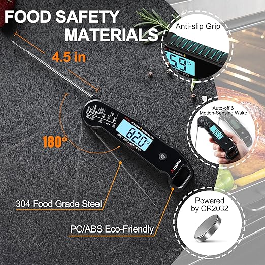 Professional Food & Meat Thermometer, 1 Sec Instant Read & ±0.5℉ Accuracy Driven by Thermocouple Sensor. IP67 Waterproof Digital Thermometer for Cooking, BBQ, Grill Gifts for Men Him Dad Birthday