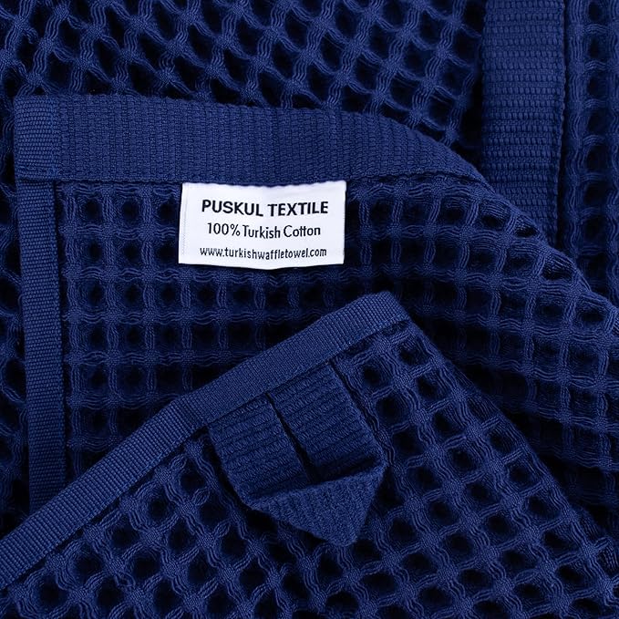 PÜSKÜL Organic Waffle Kitchen Towel 100% Turkish Cotton Set of 3 Navy Blue - Premium Quality, Soft, Quick-Dry, Absorbent, Lint-Free Hand Towels 32X16 Inches (3, Navy Blue)