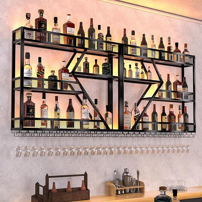 79 Inch Metal Wine Rack Wall Mounted with LED Light, Large Capacity Hanging Wine Bottles Display Shelf with Glasses Holder, for Home Bar Kitchen, Living Room