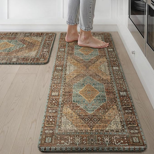 GENIMO Kitchen Mats for Floor 2PCs, Washable Anti Fatigue Mat for Cushioned, 17.3"x47"+17.3"x30", Waterproof Kitchen Rugs, Non Slip Comfort Standing Mat Rug for Home, Sink, Laundry, Brick