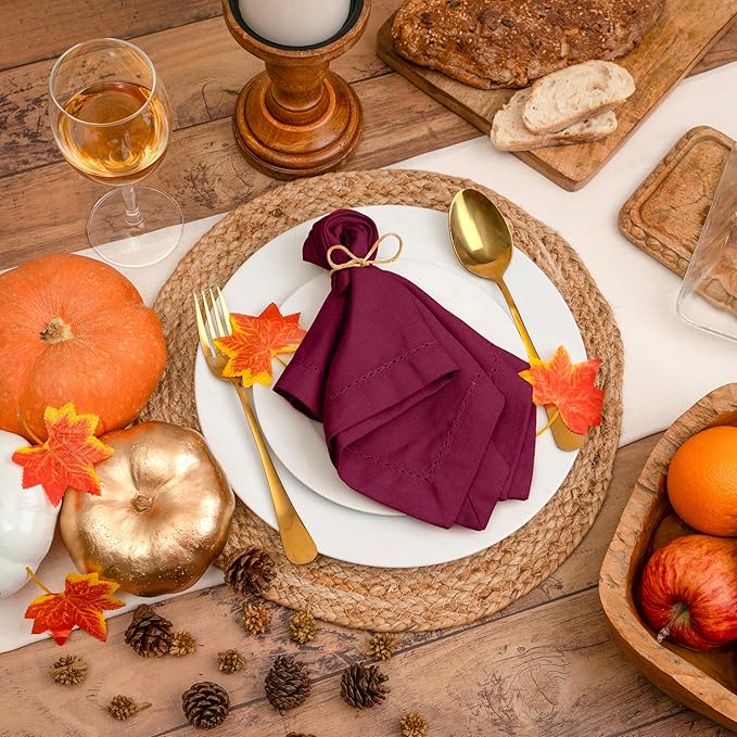 Blue Needles Set of 6 Hemstitch Linen Napkins 100% Cotton Burgundy Cloth Dinner Napkins 18x18 inches, Soft, Reusable, Absorbent, Washable, Ideal for Fall Thanksgiving Events, Parties & Everyday Use