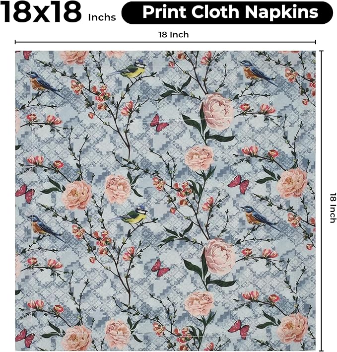 Bedding Craft Cotton Cloth Dinner Napkins Set of 12 – 18x18 Birds Print Design with 1" Fold – Reusable Machine Washable Fabric Napkins for Parties, Dining & Everyday Use