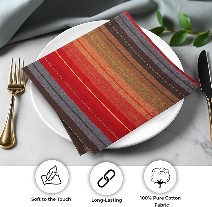 Urban Villa Cloth Napkins Cuisine Stripes 100% Cotton Absorbent Dinner Napkins Set of 12 20x20 Inches Red Multi Color Soft Durable Washable and Reusable Ideal for Everyday Use Wedding Parties Napkins