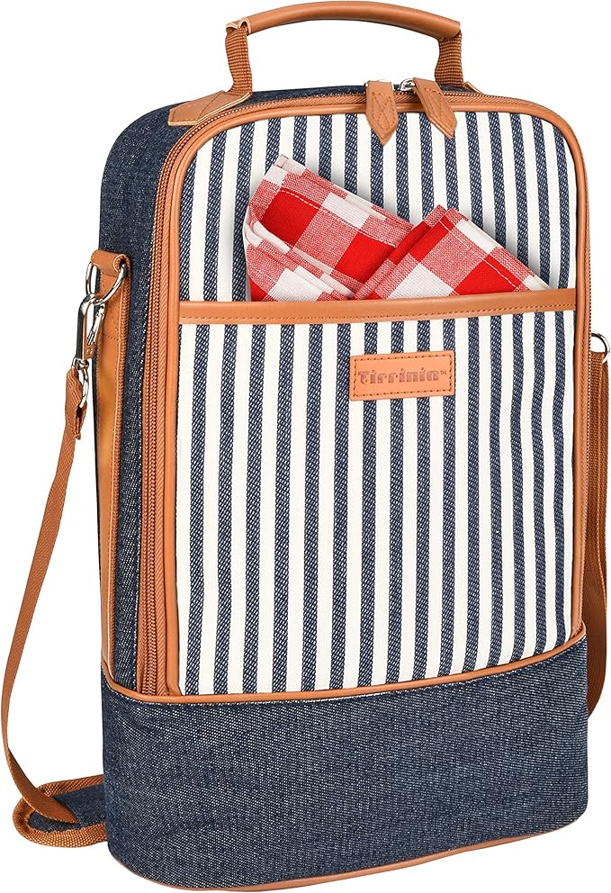 Tirrinia Insulated 2 Bottle Wine Gift Tote Bag - Tumbler Glass Cooler Carrier for BYOB Restaurants, Tasting, Travel, Park, Beach - Great Wine Lover Gift, Denim Stripe