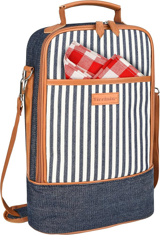 Tirrinia Insulated 2 Bottle Wine Gift Tote Bag - Tumbler Glass Cooler Carrier for BYOB Restaurants, Tasting, Travel, Park, Beach - Great Wine Lover Gift, Denim Stripe