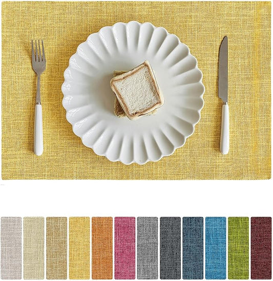 Softalker Faux Linen Placemats Set of 6-12 x 18 Inch, Heat Resistant Double Layered Durable Burlap Farmhouse Place Mats, Non-Slip Washable Rustic Table Mats for Dining, Kitchen, Party（Yellow