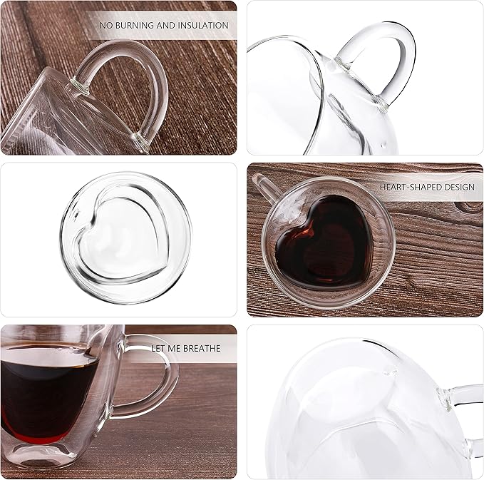 CNGLASS Mothers Day Gifts for Mom,Double Wall Heart Shaped Glass Coffee Mugs 8.5oz,Insulated Clear Tea Cups with Handle,Unique Glass Espresso Mugs for Coffee,Cappuccino,Latte,Milk,Set of 2