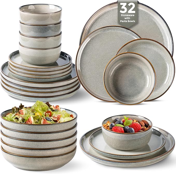 GBHOME 32 Pieces Double Bowls Ceramic Dinnerware Sets for 8, Stoneware Plates and Bowls Set with Reactive Glaze, Scratch Resistant Stoneware Dishes Set, Dishwasher & Microwave Safe