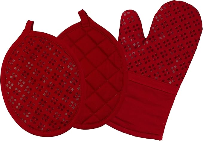 Sticky Toffee Oven Mitt and Pot Holder Set of 3 – Red Non-Slip Silicone Kitchen Hot Pads and Mitts, 100% Cotton Shell, Oeko-Tex Cotton