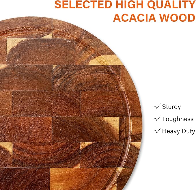 End Grain Butcher Block Round 12 IN, Premium Acacia Wood Cutting Board with Juice Groove, TJ POP Medium Chopping Board for Kitchen, 1 IN Thick