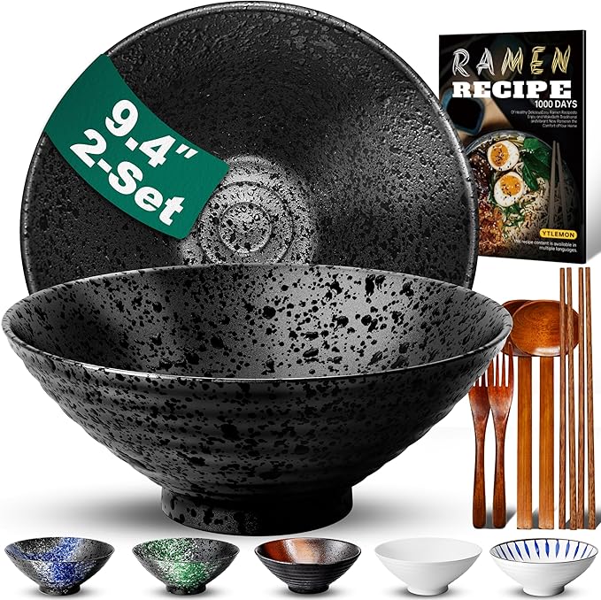 9.4Inch Ceramic Ramen Bowl Set of 2 (9 Piece) - Porcelain Japanese Salad Noodles Cereal Fruit Pasta Soup Large Bowls with Recipes Chopsticks Forks Spoons for Men Women Gift Microwave Dishwasher Safe