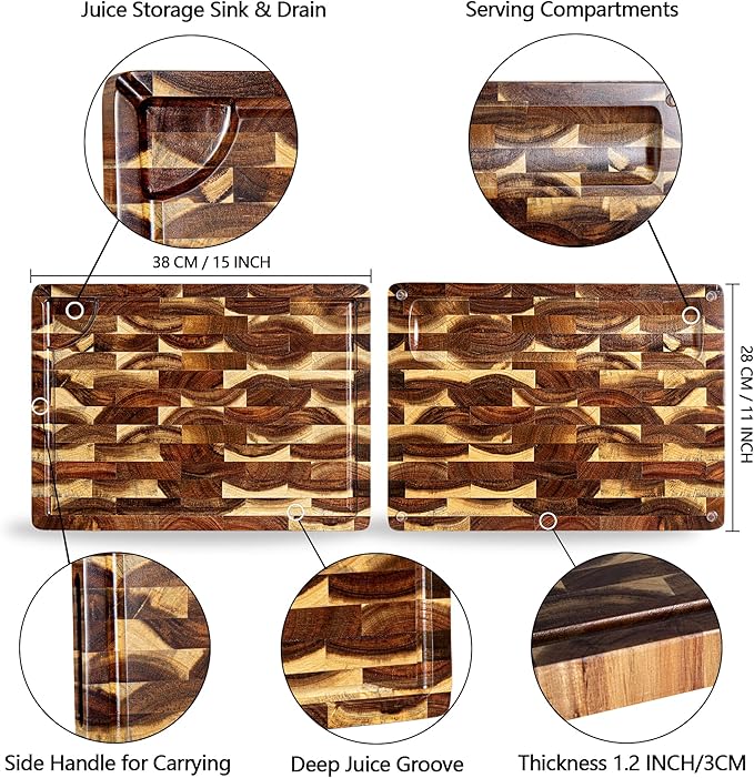 End Grain Butcher Block 15"x11", Premium Acacia Wood Cutting Board with Juice Groove, TJ POP Medium Chopping Board for Kitchen, 1.2" Thick
