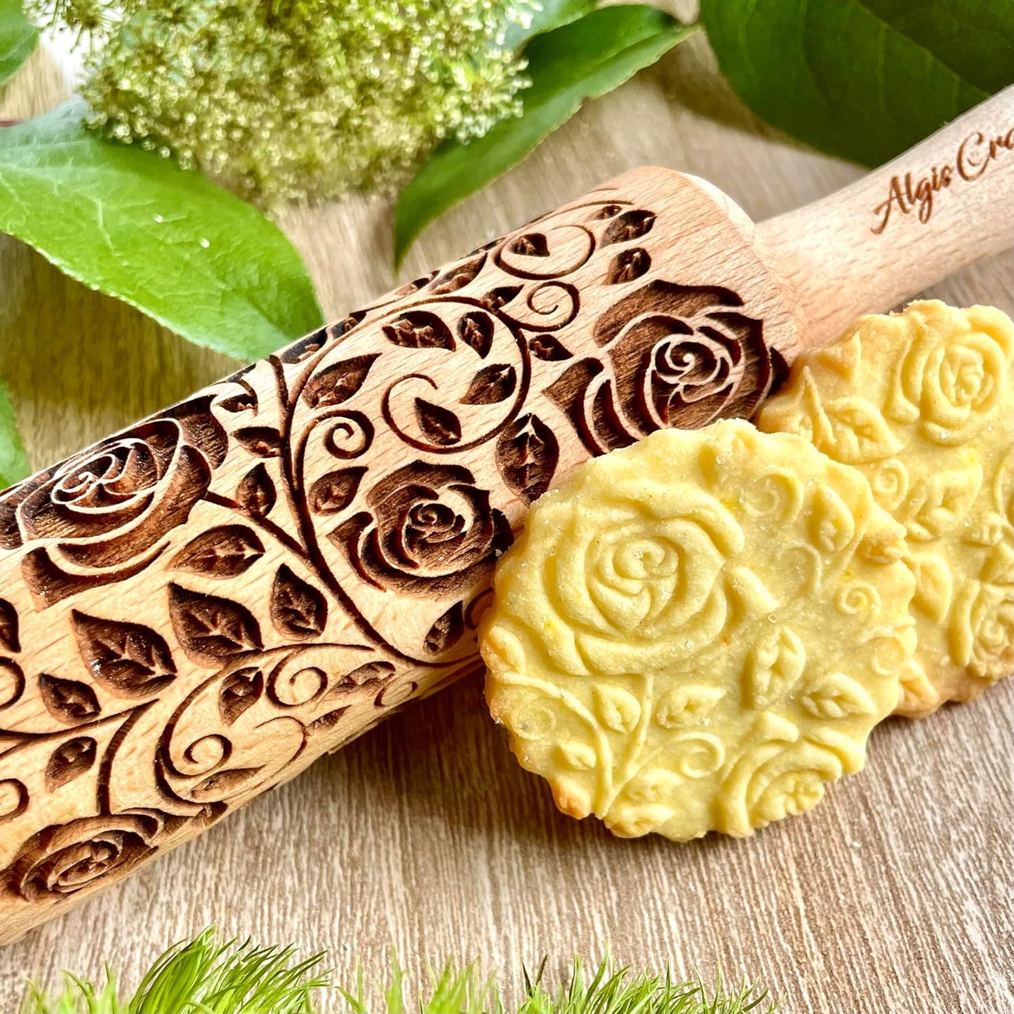 GARDEN BLOSSOMS 3 Small Size Embossed Rolling Pin Set. Wooden Laser Engraved Embossing Dough Roller for Embossed Cookies Gift for Birthday, Easter by Algis Crafts