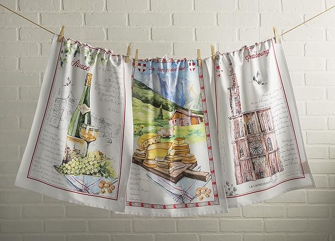 Maison d' Hermine Kitchen Towels Set of 3 100% Cotton 27.50" x 20" Reusable Cloth Tea Dish Towels Absorbent with Hanging Loop for Kitchen, Home, Dining, Cocktail Parties Spring/Summer (Ribeauville)