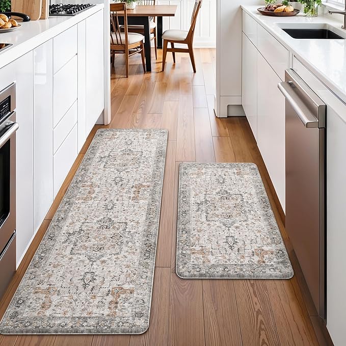 GENIMO 17.3"x59"+17.3"x30"-0.47 Kitchen Mats for Floor 2PCs, Washable Anti Fatigue Mat for Cushioned, Waterproof Kitchen Rugs, Non Slip Comfort Standing Mat Rug for Home, Sink, LightTaupeBrown