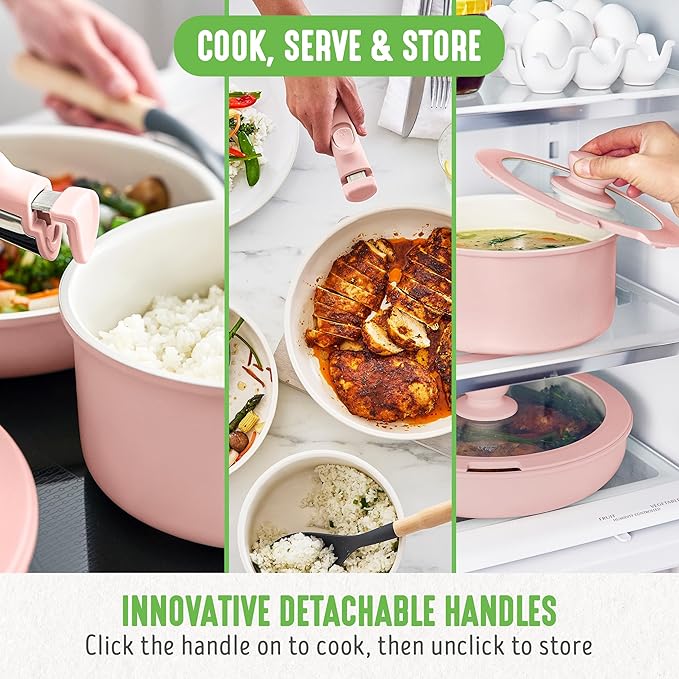 GreenLife 10 Piece Nonstick Pots & Pans Set, Detachable Handle & Stackable Cookware Set, Non Toxic PFAS-Free Skillets, Induction Kitchen Pans, Space Saving, Serving Bowls, Oven Safe, Light Pink