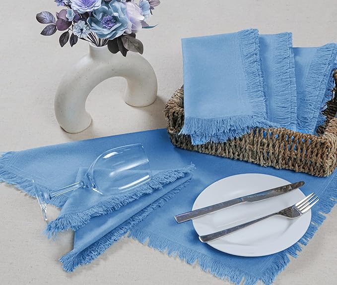 Bedding Craft Cotton Cloth Dinner Napkins Set of 12 – 18x18 Light Blue with Frayed Selvedge Edges – Machine Washable Fabric Napkins for Weddings, Baby Showers, Parties & Dining
