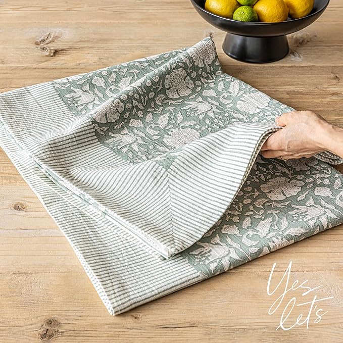 over&back Hand-Screened Tablecloth - Dining Table Cover - Each Tablecloth is Unique - 100% Cotton - Machine Washable - Kitchen and Home Decor - Green Floral - 70x90