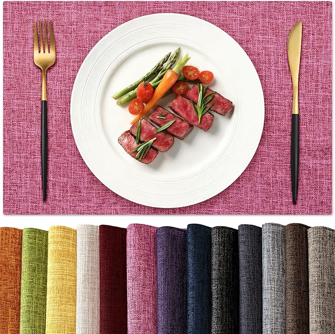 KXN Placemats Set of 4, Dual-Layer Thickened Faux Linen Table Mats, Heat Resistant & Wrinkle-Free, Machine Washable Cloth Place Mats for Kitchen Dining Indoor Outdoor (Pink)