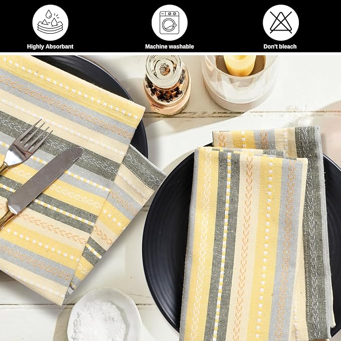 Yellow Thanksgiving Dinner Cloth Napkins Set of 12, 18x18 Inches Holiday Napkins Machine Washable, Soft, Cotton Blend - for Everyday, Lunch, Weddings, Parties - Multi Salsa Stripe