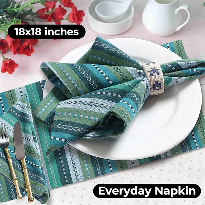 Bedding Craft Cotton Cloth Dinner Napkins Set of 12 – 18x18 Green Multi Salsa Stripe – Durable Machine Washable Fabric Napkins for Weddings, Restaurants, Kitchen & Everyday Dining