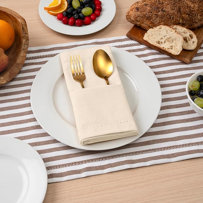 Blue Needles Set of 12 Hemstitch Linen Napkins 100% Cotton Cream Cloth Dinner Napkins 18x18 inches, Soft, Reusable, Absorbent, Washable, Ideal for Fall Thanksgiving Events, Parties & Everyday Use