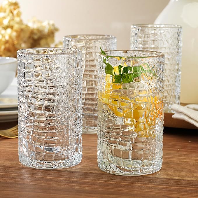 Glaver's Highball Drinking Glasses, Set of 4 Clear 15 Ounce Crackle Design Textured Drinking Glasses Heavy Duty Basic Set for Everyday Home, Bar use for Water Juice Cocktails Smoothies.