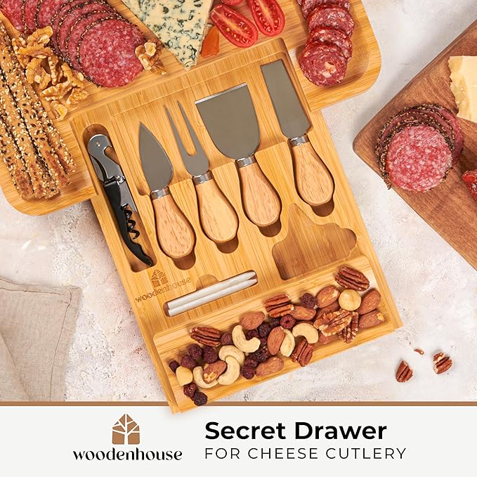 Woodenhouse Bamboo Charcuterie Boards Gift Set - Meat and Cheese Tray with Utensils Included - Bamboo Cheese Platter - House Warming Gifts New Home Couples & Family, Wedding Gifts