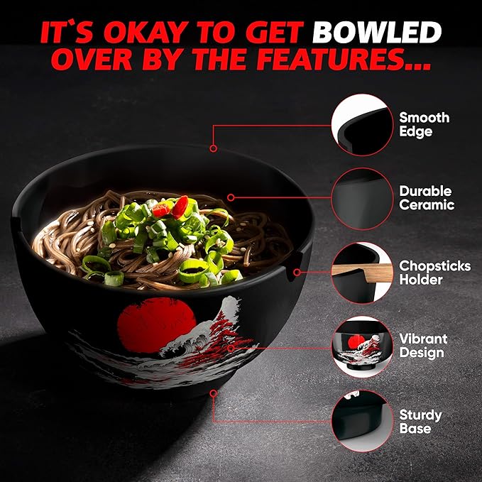 Japanese Ramen Bowl Set of 1-5 Pcs, 32 Oz Ceramic Microwaveable & Dishwasher Safe Large Noodle Bowl with Lid & Built-In Chopstick Holder, Pho, Udon, Thai, Korean, Rice - 6.5 Inch