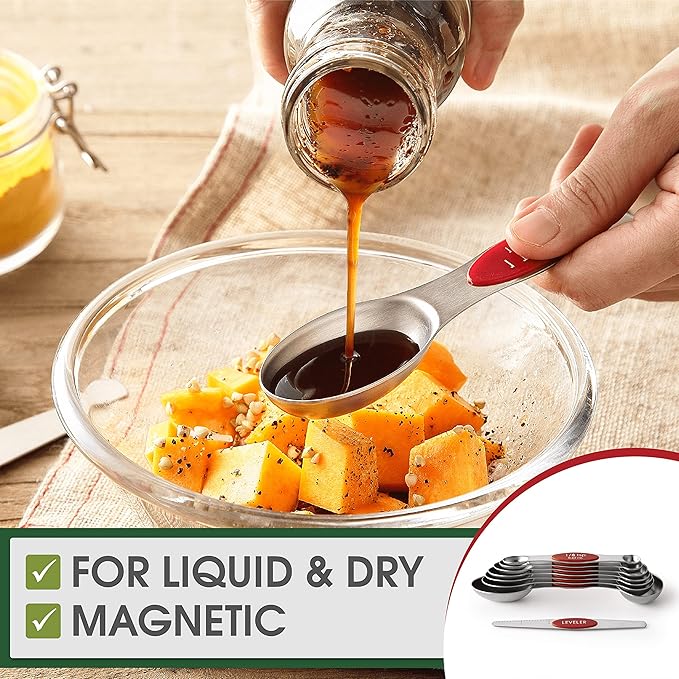 Spring Chef Red Stainless Steel Magnetic Measuring Spoons Set of 8 with Leveler, Dual Sided Nesting Teaspoon & Tablespoon Measuring Spoons, Kitchen Gadgets for Baking & Cooking, Fits in Spice Jars