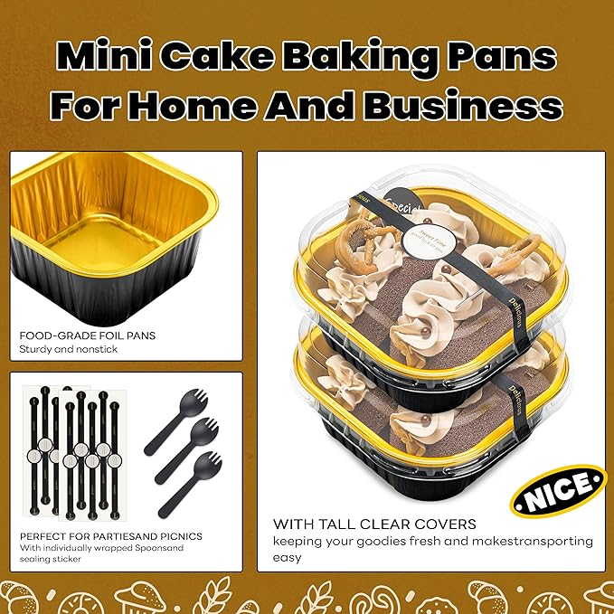 60 Pack Mini Cake Pans with Lids Mini Aluminum Pans, Disposable Loaf Pans Cupcake Liners with Lids for Pudding, Souffle, Party, Wedding(Black Gold, 10 oz)