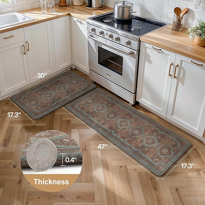 GENIMO Kitchen Mats for Floor 2PCs, Washable Anti Fatigue Mat for Cushioned, 17.3"x47"+17.3"x30", Waterproof Kitchen Rugs, Non Slip Comfort Standing Mat Rug for Home, Sink, Laundry, Mix Red