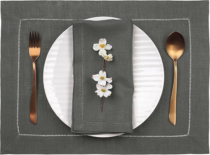 D'Moksha Homes Linen Placemats Set of 4 - Classic Hemstitch Charcoal Grey Placemats 14 x 19 Inch - 100% Pure Linen Table Mats for Thanksgiving, Holiday - Handcrafted and Machine Washable