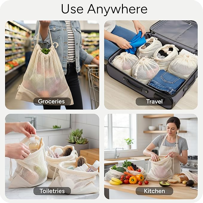 LEAFICO Reusable Produce Bags – 100% Cotton Mesh & Solid Hybrid (XL 14x18 inch 6 Pcs) – Extra Large Bags for Potatoes, Laundry, Toys, Bulk Storage – Washable, Plastic-Free, Breathable, Zero Waste