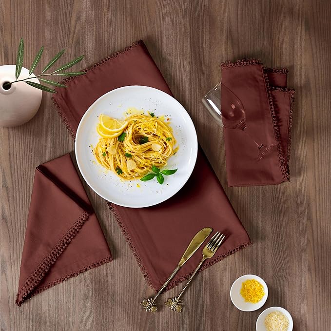 Bedding Craft Cotton Cloth Dinner Napkins Set of 12 – 18x18 Chili Oil with Decorative Lace Selvedge – Reusable Machine Washable Fabric Napkins for Weddings, Baby Showers, Parties & Table Décor