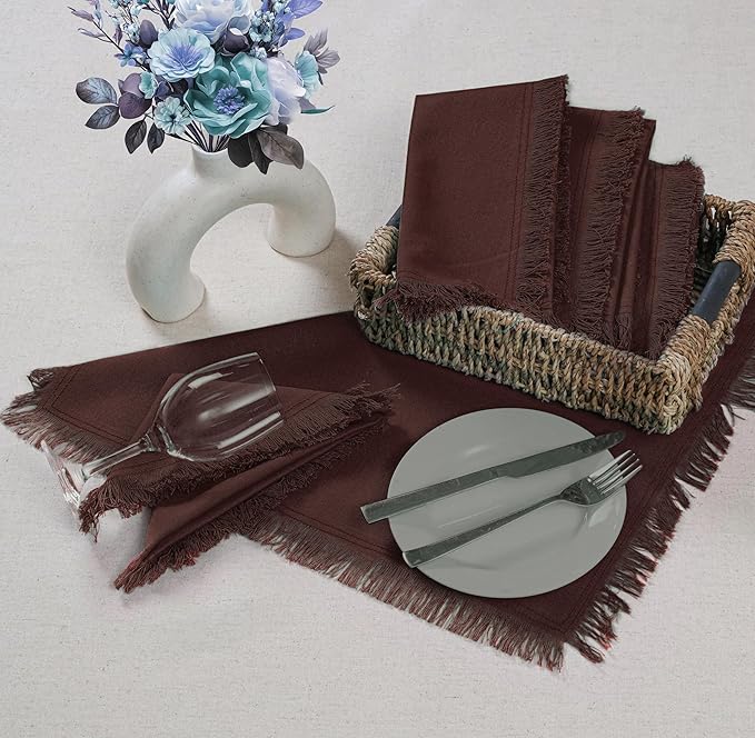Bedding Craft Cotton Cloth Dinner Napkins Set of 12 – 18x18 Hot Chocolate with Frayed Selvedge Edges – Machine Washable Fabric Napkins for Weddings, Baby Showers, Parties & Everyday Use