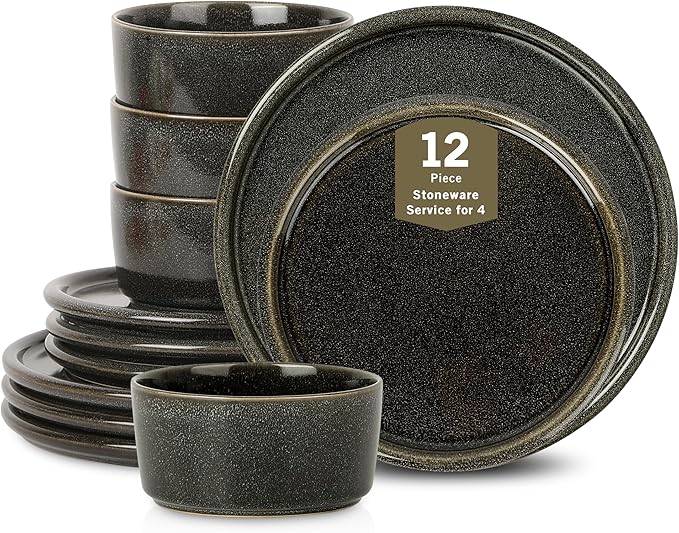 Stone Lain Eden 12-Piece Dinnerware Set Stoneware, Plates and Bowls Set, Dishwasher and Microwave Safe Dish, Dish Set for 4, Charcoal Grey