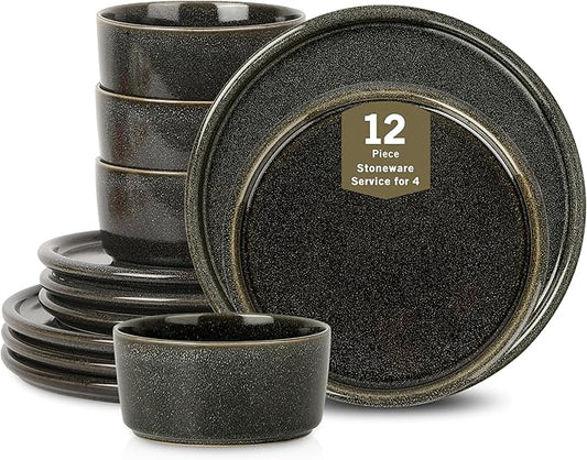 Stone Lain Eden 12-Piece Dinnerware Set Stoneware, Plates and Bowls Set, Dishwasher and Microwave Safe Dish, Dish Set for 4, Charcoal Grey