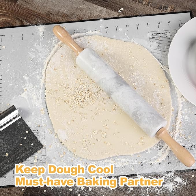 Koville African Natural Marble Rolling Pin, Non-Stick Polished Dough Roller, Pasta, Dumpling, Fondant, Pie Crust, Bread, Pizza Dough, Kitchen Baking Pastry Tools with Mat/Scraper(Grigio Fantasy)