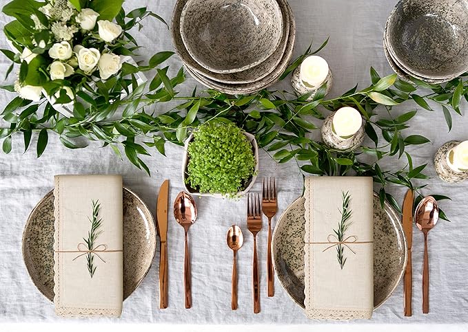 Hausattire Cloth Napkins 12 Pack 20x20 Inches Flax Cotton Washable and Reusable Table Dinner Napkins with Lace for Hotel,Weddings,Thanksgiving Decor| Highly Absorbent Cloth Napkins|Natural