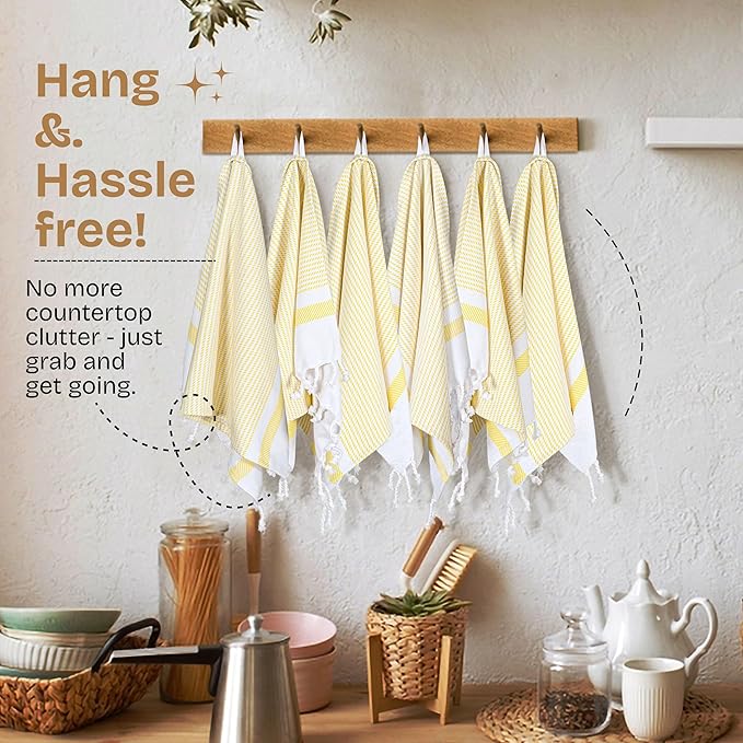 5 Pack Lemon Yellow Turkish Kitchen Towels 16"x26", 100% Cotton, Ultra Absorbent, Soft, Quick Dry, Washable, Dish Tea Towel with Tassels for Drying Dishes, Cleaning, Kitchen Use